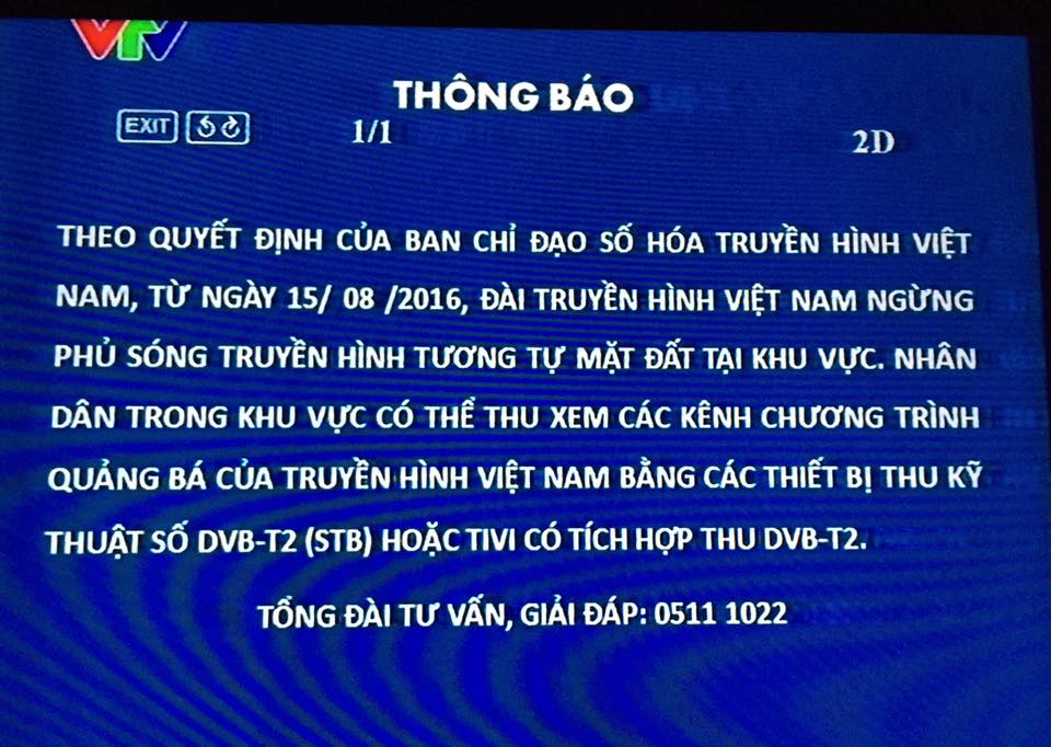 Từ đêm 15/8/2016, khi mở các kênh truyền hình analog sẽ chỉ còn bảng thông báo như thế này.