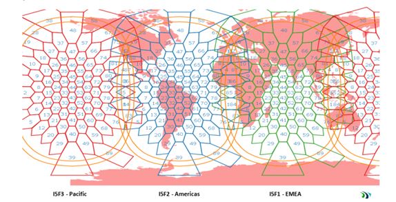 Hình 4: Thiết kế vùng phủ toàn cầu đa búp sóng của 3 vệ tinh HTS của Inmarsat