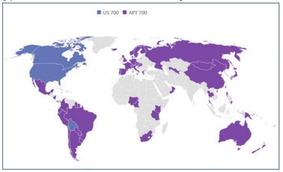 Hình 2: Các quốc gia lựa chọn phương án quy hoạch US 700 MHz và APT 700 MHz (theo báo cáo của GSA tháng 6/2022)